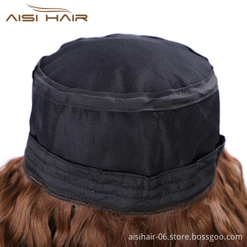 Aisi Hair Long Water Wave Outdoor Hat Knit Slouchy Party Hat Synthetic Light Brown Fiber Hair Extension With Black Cap For Women